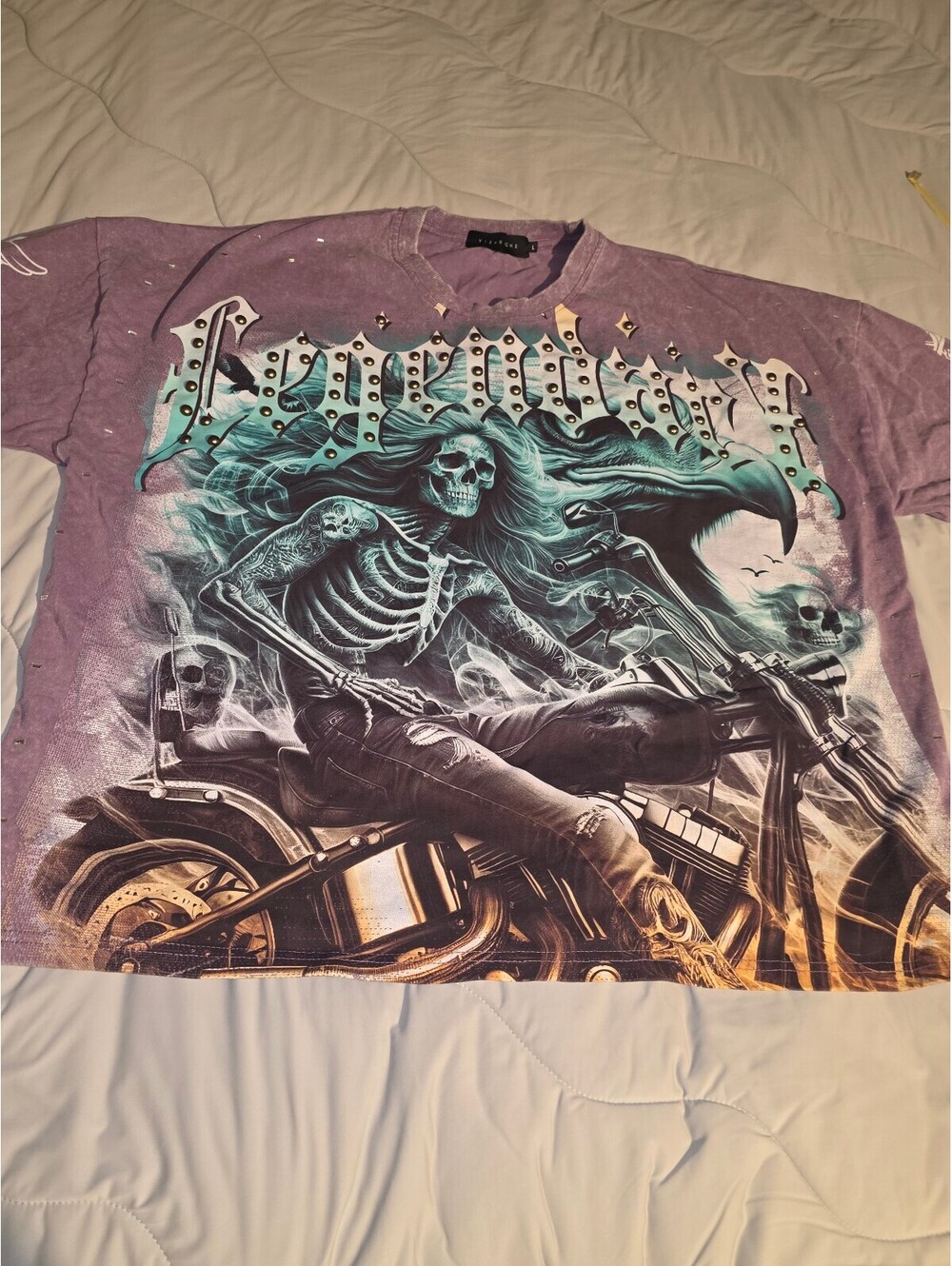 Vie Riche Legendary Born To Ride Skeleton Urban Motorcycle Bike Studded Shirt -L